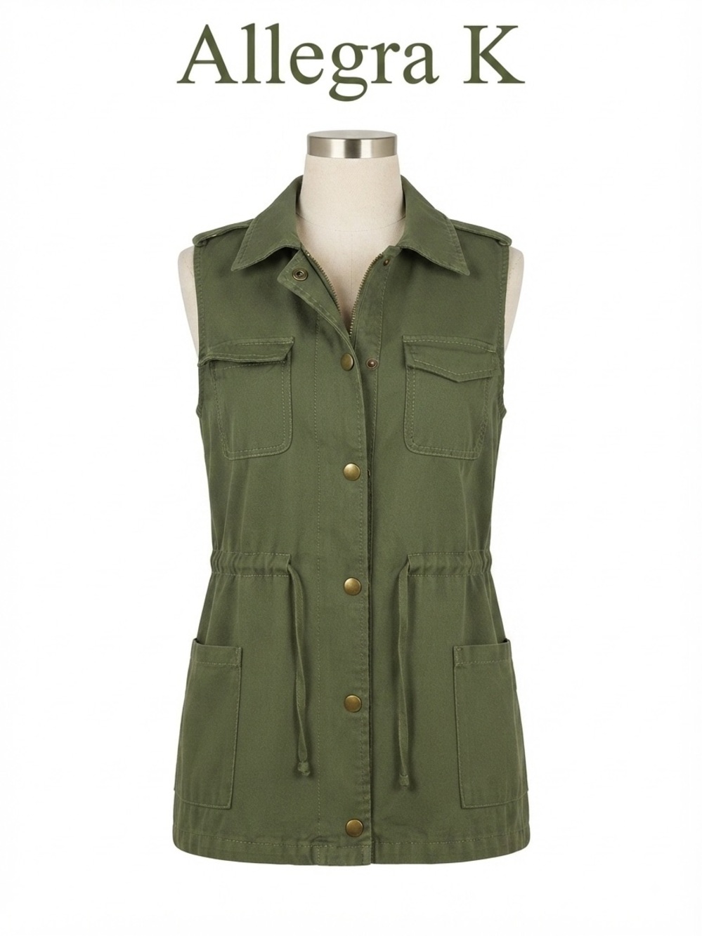 Allegra K Olive Utility Sleeveless Jacket Vest Size M 0164